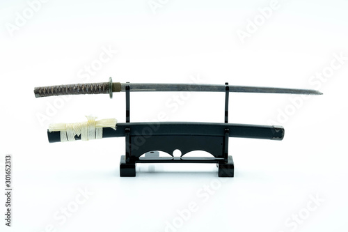 Japanese Tradition Ninja Samurai Sword on the Stabd  Isolate on White Background 