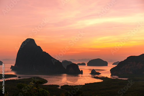 Landscape nature view, Beautiful light sunrise over mountains in thailand located at Samet-nangshe beautiful scenery new landmark in Phang nga