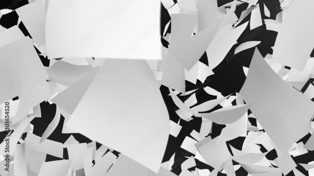 Drowned in Paperwork with too much Work. Blank white pages falling from top at the camera on black and green screen background.