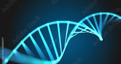 DNA helix, gene molecule spiral loop, 3D genetic chromosome cell. DNA molecule spiral of blue light on black background for molecular genetic science, genome biotechnology and health medicine photo