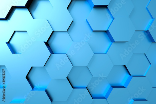 Abstract geometric texture of randomly extruded hexagons backgrounds, 3d rendering, Futuristic abstract background, commercial advertising.