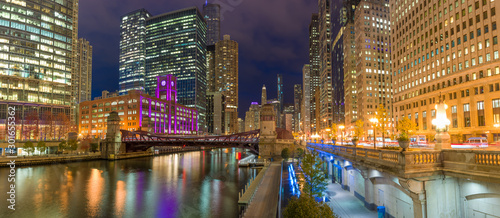 Chicago downtown skyline evening night river photo