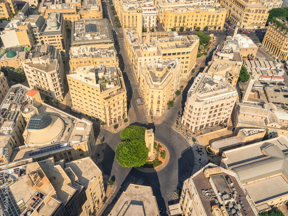 Fototapeta premium Downtown Beirut: Nejmeh Square, Drone shot of Downtown Beirut, Lebanon