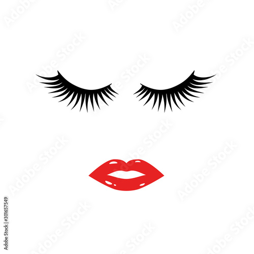 Eyelashes and red lipstick kiss. Lashes and lips isolated on white. Easy to edit template for beauty salons, makeup and brow artists, eyelash extension service, etc. Vector illustration.