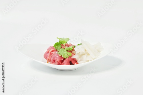 beef Raw on plate with white background