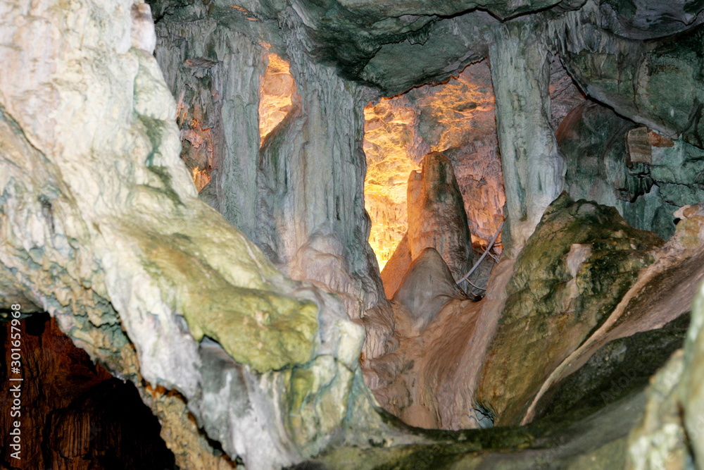 Scenic view of Neptune's cave (Grotte di Nettuno) is a stalactite cave near the town of Alghero, Capo Caccia 