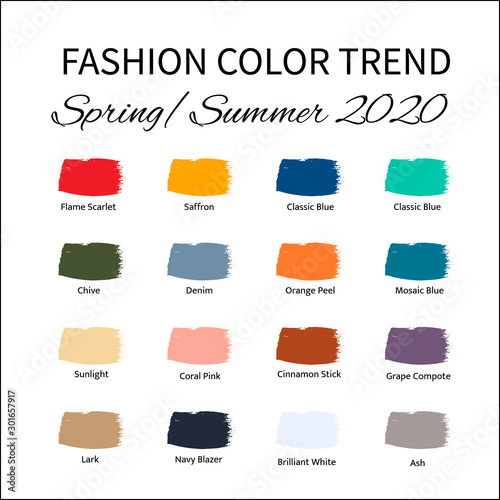 Fashion Color Trend Spring Summer 2020. Trendy colors palette guide. Brush strokes of paint color with names swatches. Easy to edit vector template for your creative designs.