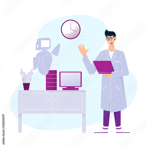 Young man or Professor tests a robot . Innovative generations ,creativity and imagination flat illustration vector cartoon