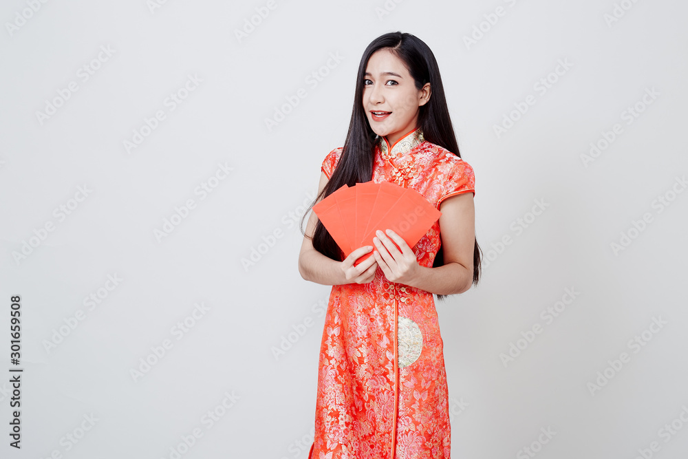 Asian woman dress traditional cheongsam on white Asian woman dress traditional cheongsam on white