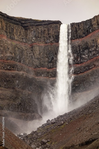 Majestic Hengifoss waterfall in Iceland in overcast weather