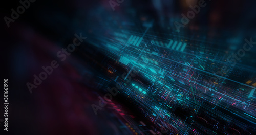 abstract futuristic technological background, floating circuits, charts, digits elements. Nano chip circuit, modern micro electrons on digital gadget board 3D render © Quardia Inc.