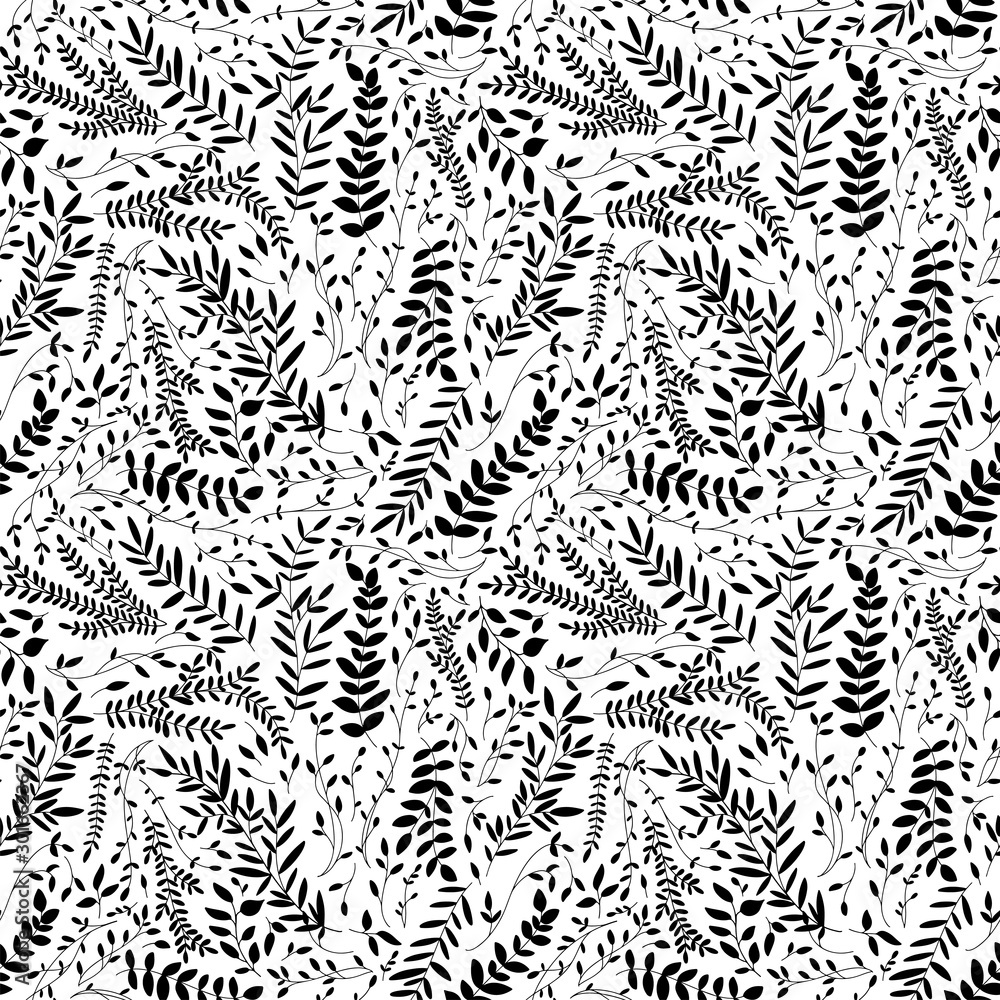 Black leaves and branches seamless pattern. Botanical silhouettes. Monochrome decorative template texture