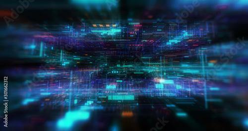 abstract futuristic technological background, floating circuits, charts, digits elements. Nano chip circuit, modern micro electrons on digital gadget board 3D render