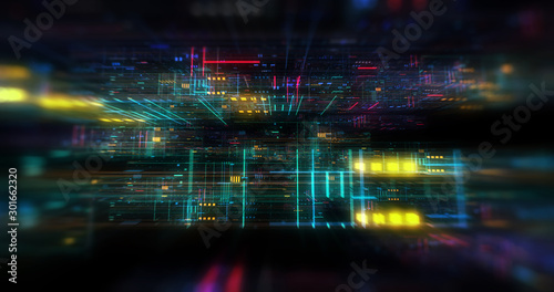 abstract futuristic technological background, floating circuits, charts, digits elements. Nano chip circuit, modern micro electrons on digital gadget board 3D render