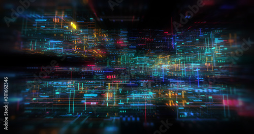 abstract futuristic technological background, floating circuits, charts, digits elements. Nano chip circuit, modern micro electrons on digital gadget board 3D render photo