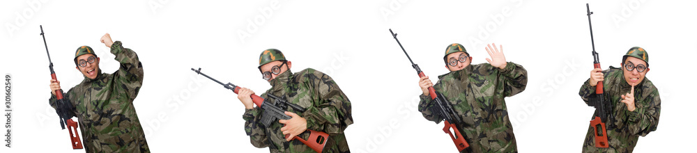 Military man with a gun isolated on white