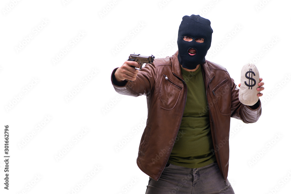 Robber wearing balaclava isolated on white background Robber wearing balaclava isolated on white background