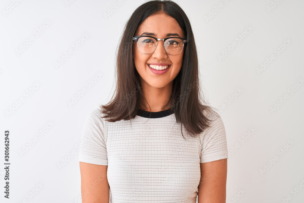 Chinese woman wearing casual t-shirt and glasses standing over isolated white background with a happy and cool smile on face. Lucky person. Chinese woman wearing casual t-shirt and glasses standing over isolated white background with a happy and cool smile on face. Lucky person.