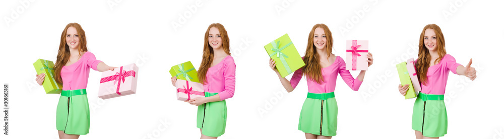 Young woman with christmas shopping on white Young woman with christmas shopping on white