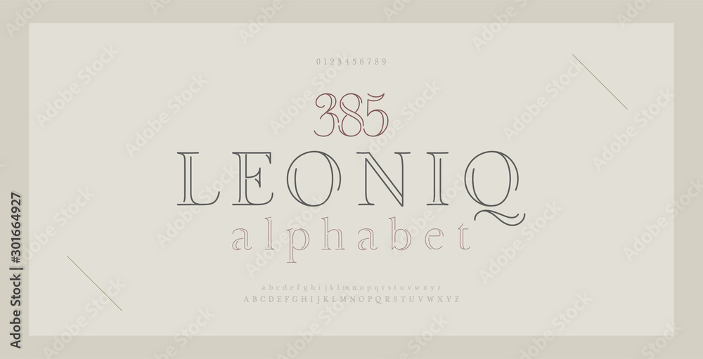 Elegant alphabet letters serif font and number. Classic Lettering Thin Line Minimal Fashion. Typography thin line fonts uppercase, lowercase and numbers. vector illustration - obrazy, fototapety, plakaty 