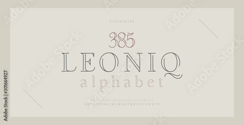 Plakat Elegant alphabet letters serif font and number. Classic Lettering Thin Line Minimal Fashion. Typography thin line fonts uppercase, lowercase and numbers. vector illustration