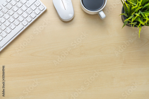 Office desk workspace and table background from top view above flat lay objects. Modern minimal design desktop for creative working. Minimalism concept. photo