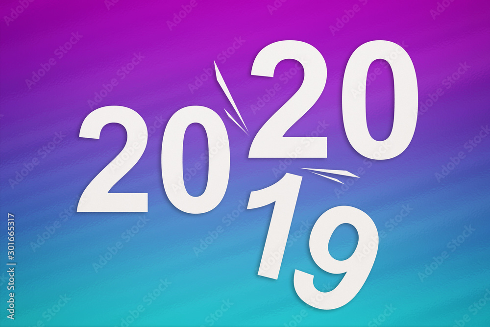 Paper numbers 2020 changing 2019. Blue and purple background. Abstract conceptual image Paper numbers 2020 changing 2019. Blue and purple background. Abstract conceptual image