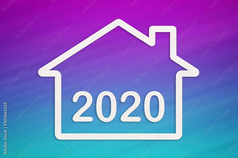 Numbers 2020 inside paper house. Blue and purple background. Abstract concept Numbers 2020 inside paper house. Blue and purple background. Abstract concept
