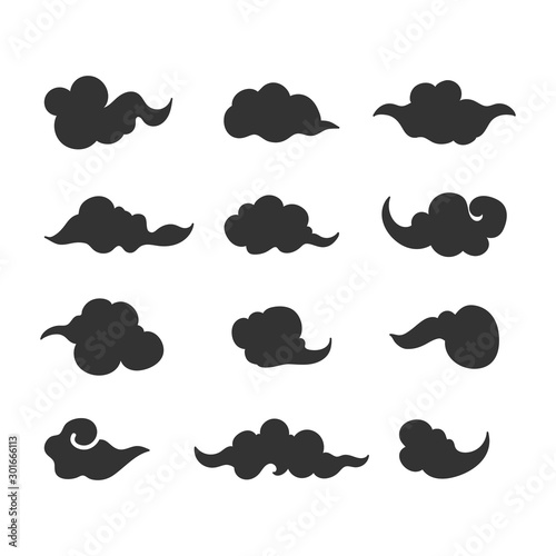 Set of black clouds icons in Chinese style. Vector illustration.