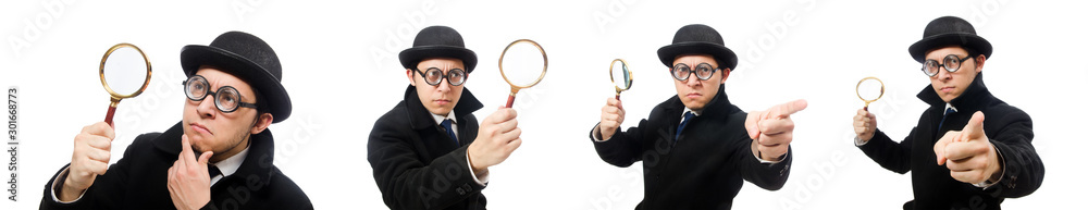 Detective with magnifying glass isolated on white Detective with magnifying glass isolated on white