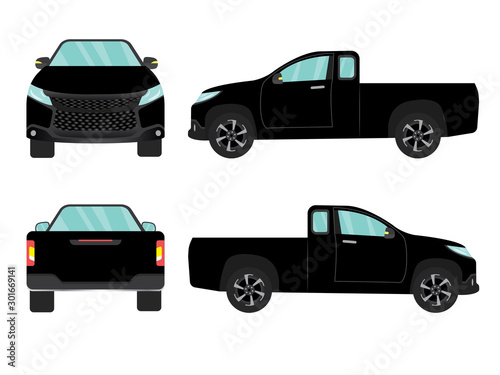Set of black pick up truck car view on white background,illustration vector,Side, front, back