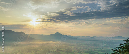 View of landscape with morning sunrise at Phu Thok Mountain, Chiang Khan, Loei Province, Thailand