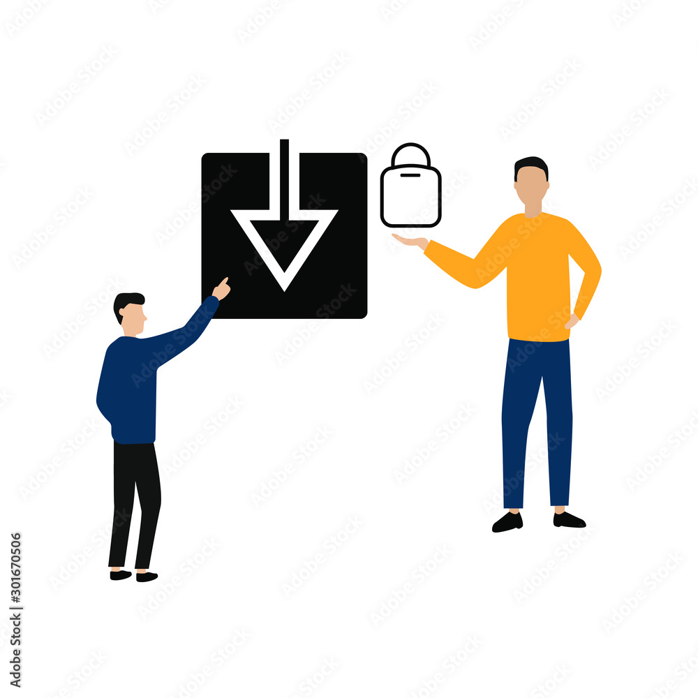 Set of flat cartoon character isolated with man and download sign, man and padlock Set of flat cartoon character isolated with man and download sign, man and padlock
