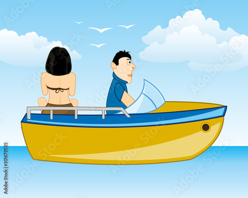 Man and woman sail on motorboat seaborne