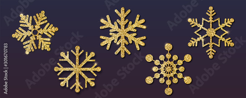 Set of Christmas snowflakes, different shapes. Golden snowflakes with golden dust and glitter. Isolated on dark background. Vector 3d illustration, EPS10.