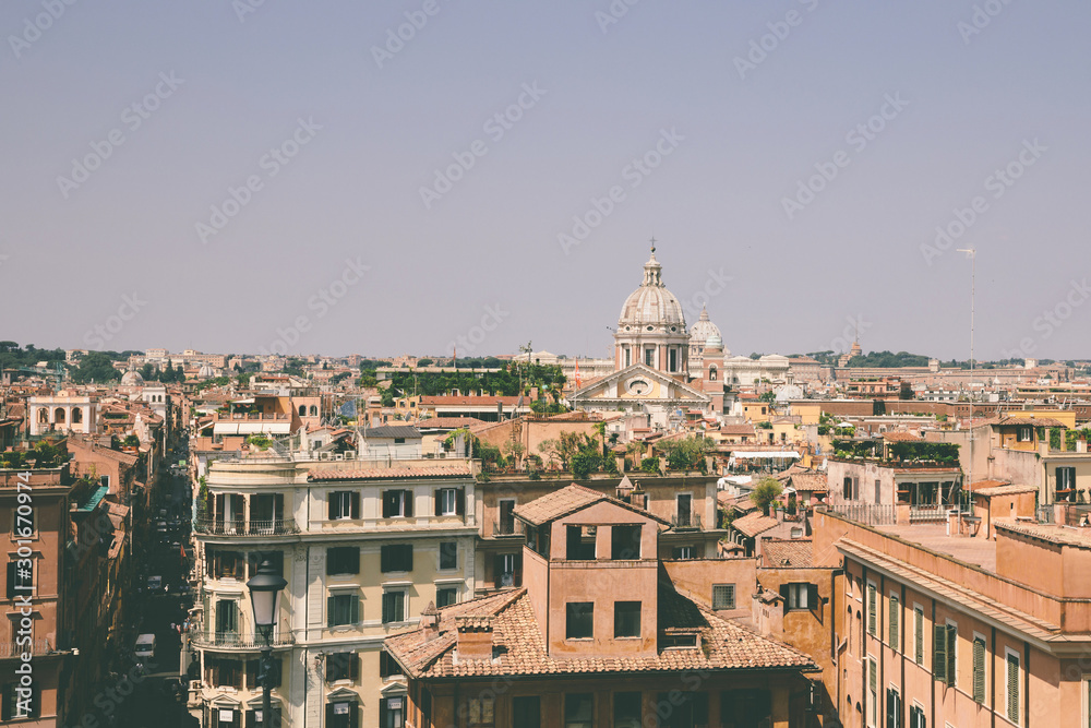 Panoramic view of city Rome with old houses from the Spanish ste