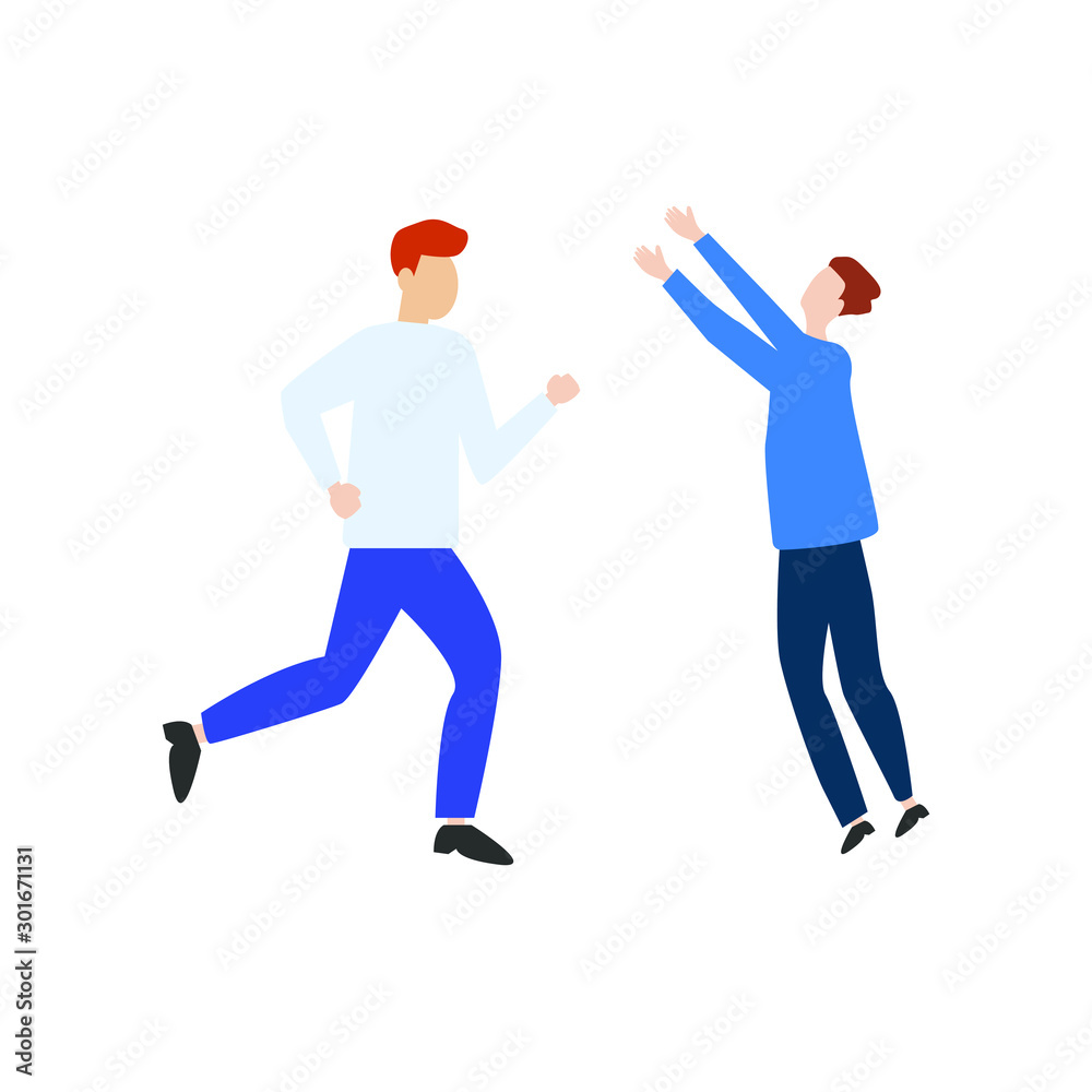 Set of flat cartoon characters isolated with man running, man extended arms up Set of flat cartoon characters isolated with man running, man extended arms up