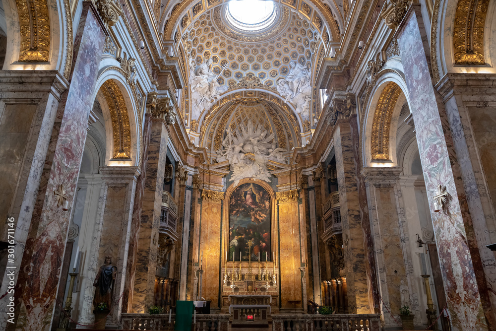 Panoramic view of interior of The Church of St. Louis of the French
