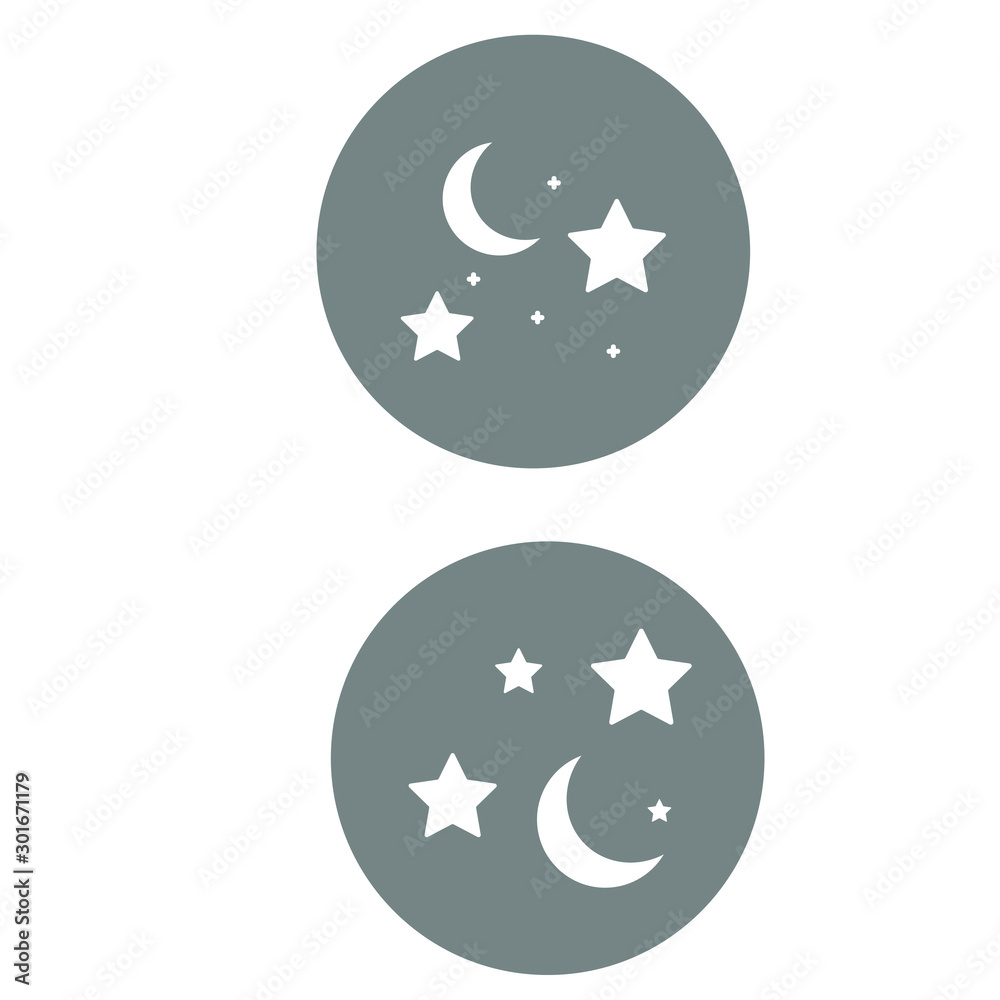 Set of simple icons with stars and crescent in a round frame on a white background.