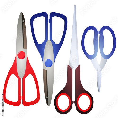 Several types of clerical scissors. Stationery.