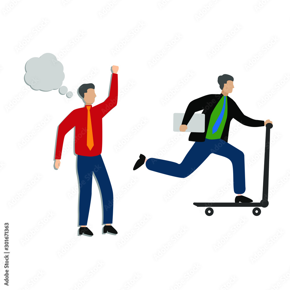 Set of flat cartoon characters isolated with man on scooter, man and speech bubble. Set of flat cartoon characters isolated with man on scooter, man and speech bubble.