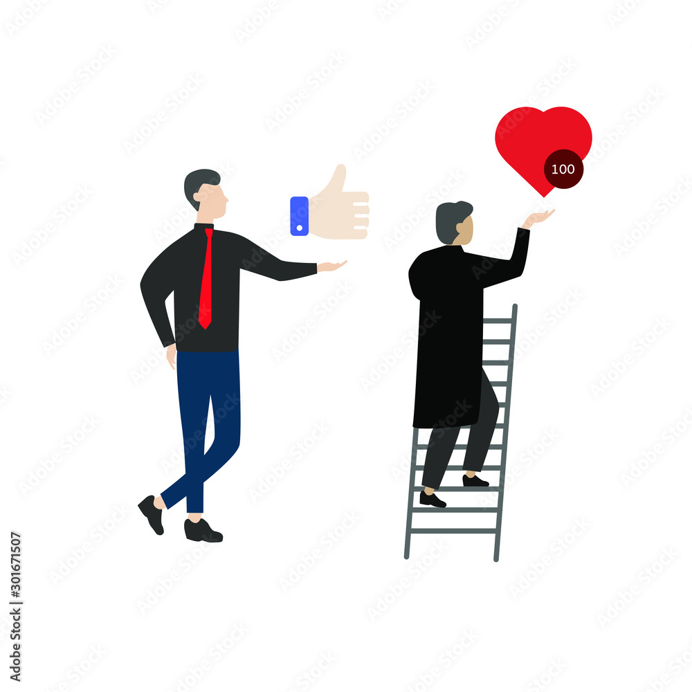 Set of flat cartoon characters isolated with man and heart, man and like sign Set of flat cartoon characters isolated with man and heart, man and like sign