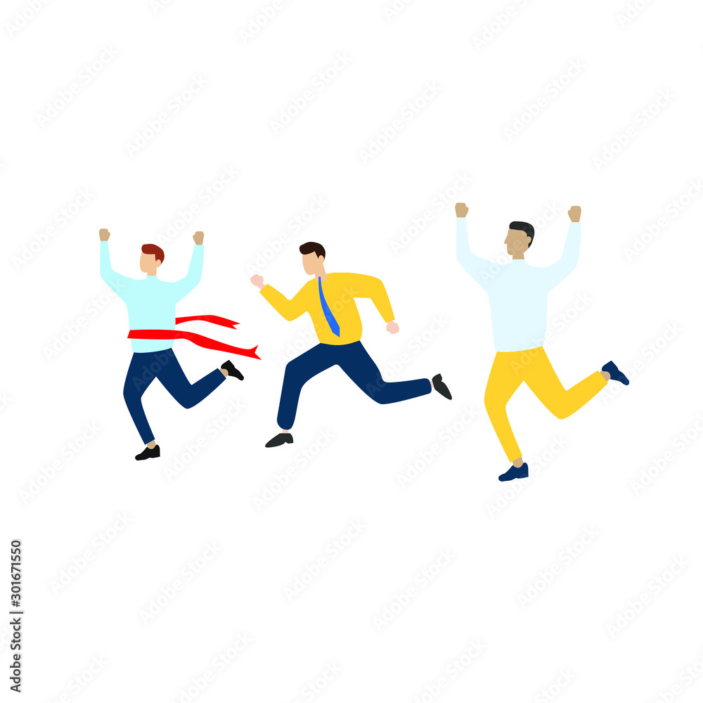 Set of flat cartoon characters isolated with two people running, man rejoices