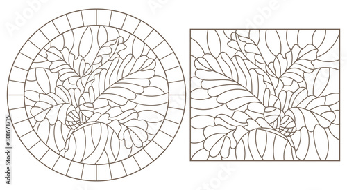 Set of contour illustrations of stained glass Windows with oak branches, acorns and leaves, dark contours on a white background