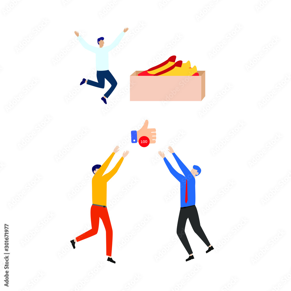 Fototapeta premium Set of flat cartoon characters isolated with man and box with sneakers, two people and like sign