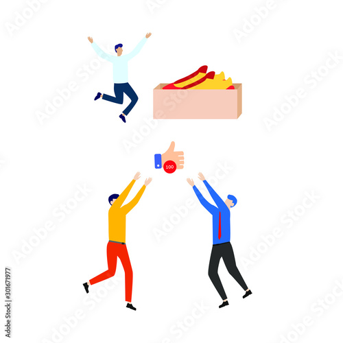 Set of flat cartoon characters isolated with man and box with sneakers  two people and like sign