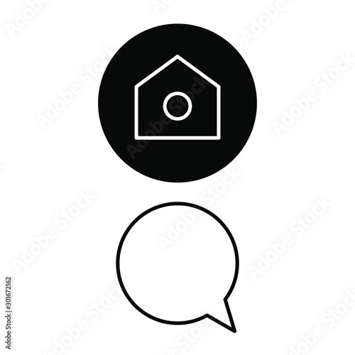 Set of simple icons with house in round frame and speech bubble