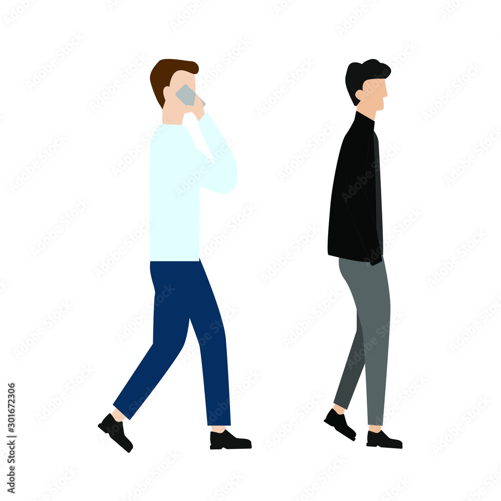 Set of flat cartoon characters isolated with man talking on the phone, man is walking