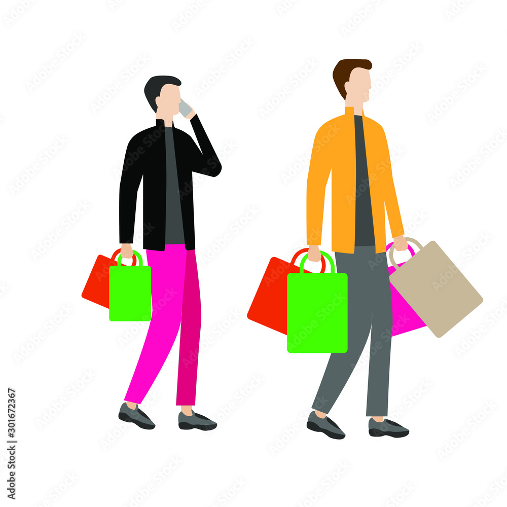 Set of flat cartoon characters isolated with people with shopping