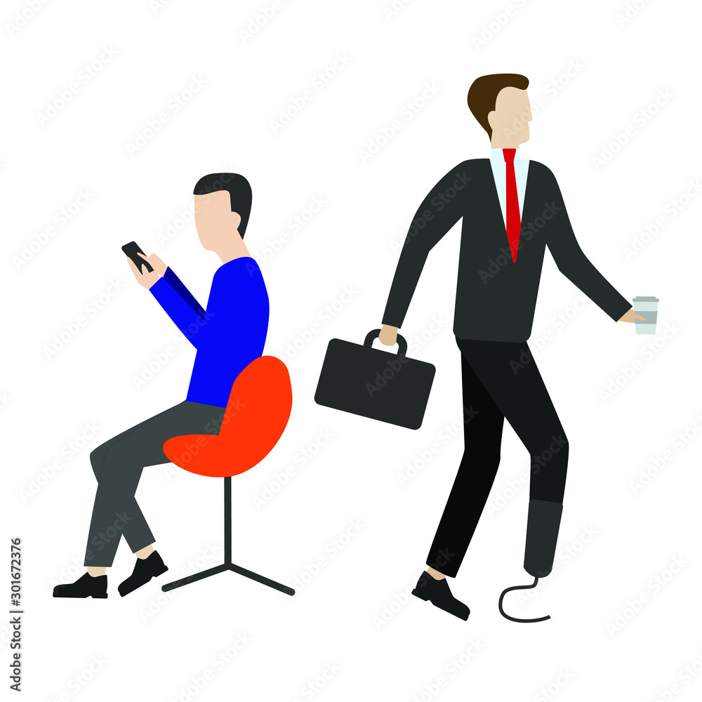 Set of flat cartoon characters isolated with man sitting with phone, man and prosthesis Set of flat cartoon characters isolated with man sitting with phone, man and prosthesis
